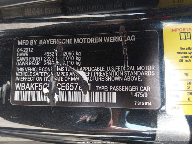 44725041 :رقم المزاد ، WBAKF5C59CE657671 vin ، 2012 Bmw 328i Xdrive مزاد بيع