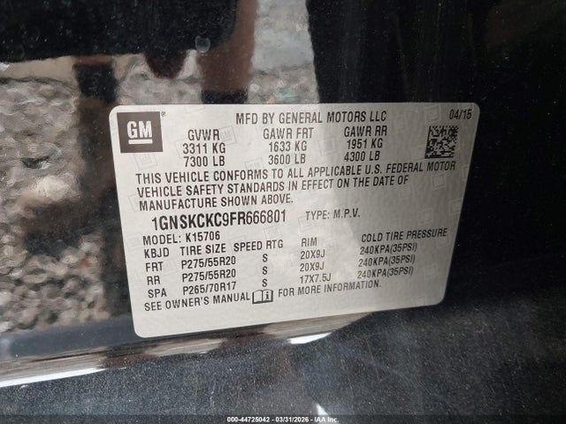 2015 Chevrolet Tahoe Ltz მანქანა იყიდება აუქციონზე, vin: 1GNSKCKC9FR666801, აუქციონის ნომერი: 44725042