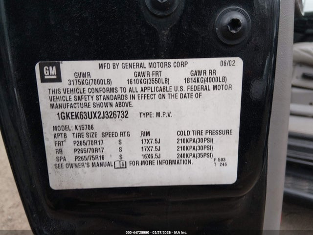 Aukcja sprzedaży 2002 Gmc Yukon Denali, vin: 1GKEK63UX2J326732, numer aukcji: 44725050