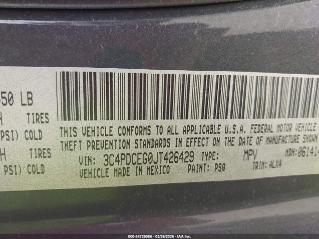 44725066 :رقم المزاد ، 3C4PDCEG0JT426429 vin ، 2018 Dodge Journey Gt مزاد بيع