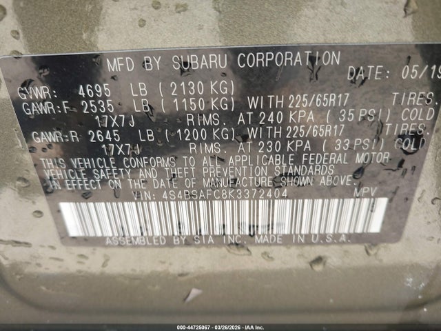 Продажа на аукционе авто 2019 Subaru Outback 2.5i Premium, vin: 4S4BSAFC8K3372404, номер лота: 44725067