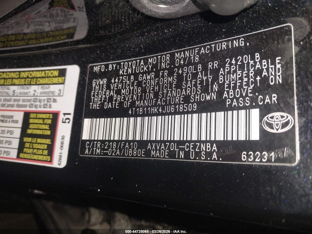 44725068 :رقم المزاد ، 4T1B11HK4JU618509 vin ، 2018 Toyota Camry Le مزاد بيع