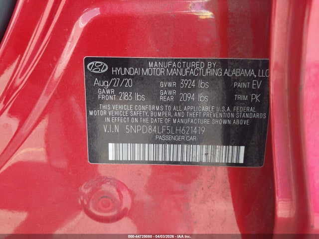 44725080 :رقم المزاد ، 5NPD84LF5LH621419 vin ، 2020 Hyundai Elantra Sel مزاد بيع
