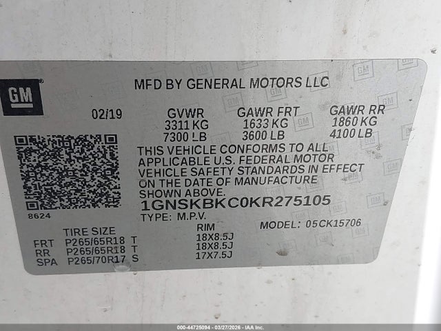 Продажа на аукционе авто 2019 Chevrolet Tahoe Lt, vin: 1GNSKBKC0KR275105, номер лота: 44725094