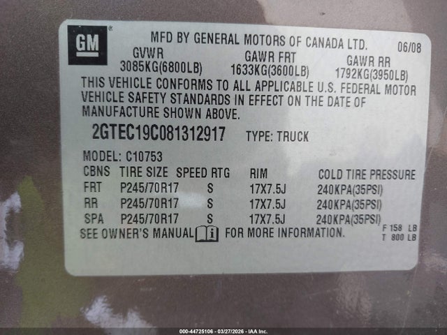 2008 GMC SIERRA 1500 2GTEC19C081312917 Photo 8