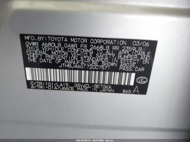 44725110 :رقم المزاد ، JTHBJ46G172007571 vin ، 2007 Lexus Es 350 مزاد بيع