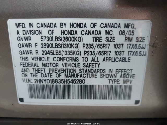 44725144 :رقم المزاد ، 2HNYD18835H546280 vin ، 2005 Acura Mdx مزاد بيع