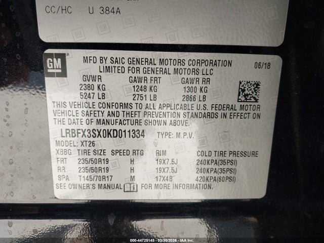 44725145 :رقم المزاد ، LRBFX3SX0KD011334 vin ، 2019 Buick Envision Awd Premium I مزاد بيع