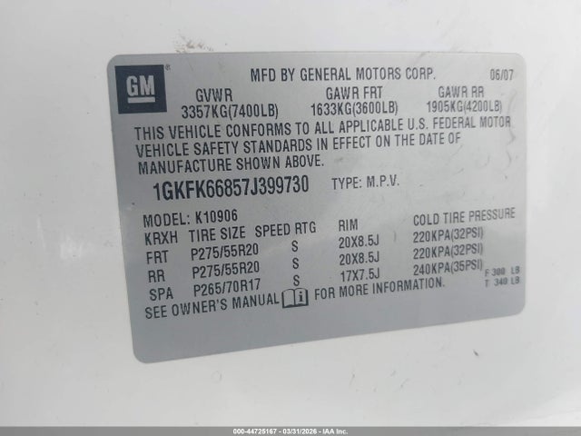 2007 Gmc Yukon Xl 1500 Denali მანქანა იყიდება აუქციონზე, vin: 1GKFK66857J399730, აუქციონის ნომერი: 44725167