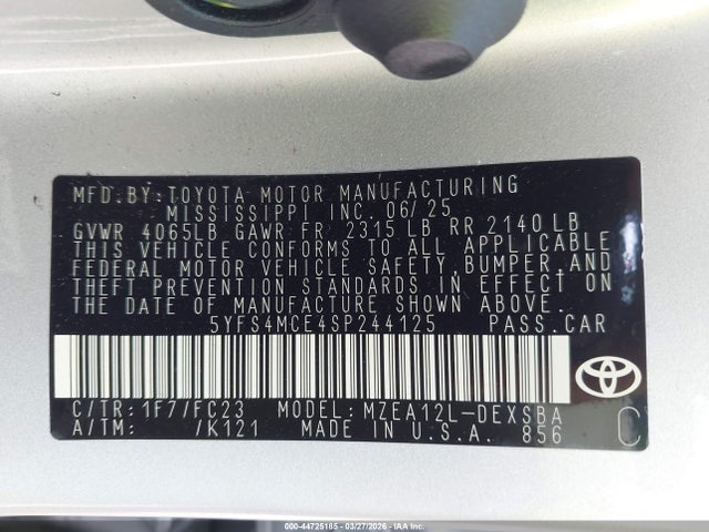 Продажа на аукционе авто 2025 Toyota Corolla Se, vin: 5YFS4MCE4SP244125, номер лота: 44725185