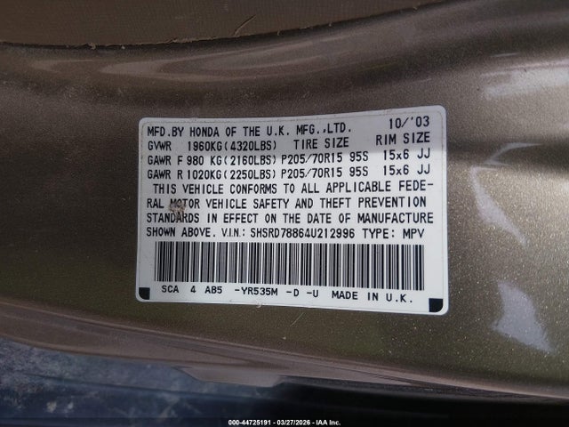 Auction sale of the 2004 Honda Cr-v Ex, vin: SHSRD78864U212996, lot number: 44725191