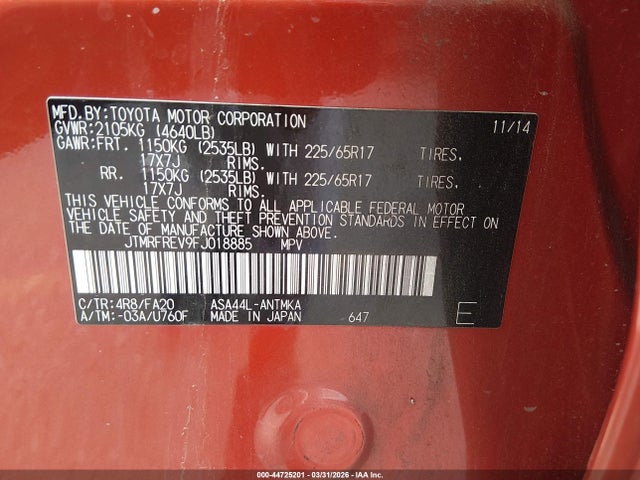 44725201 :رقم المزاد ، JTMRFREV9FJ018885 vin ، 2015 Toyota Rav4 Xle مزاد بيع
