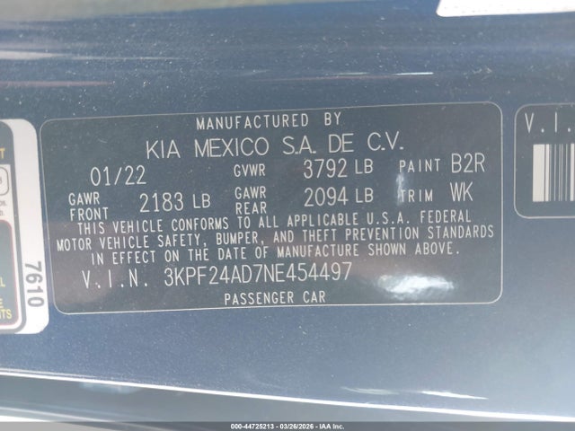 Продажа на аукционе авто 2022 Kia Forte Lxs, vin: 3KPF24AD7NE454497, номер лота: 44725213