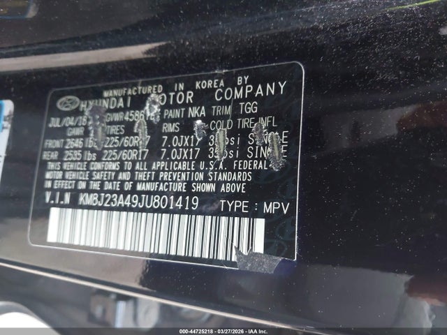 2018 Hyundai Tucson Se მანქანა იყიდება აუქციონზე, vin: KM8J23A49JU801419, აუქციონის ნომერი: 44725218