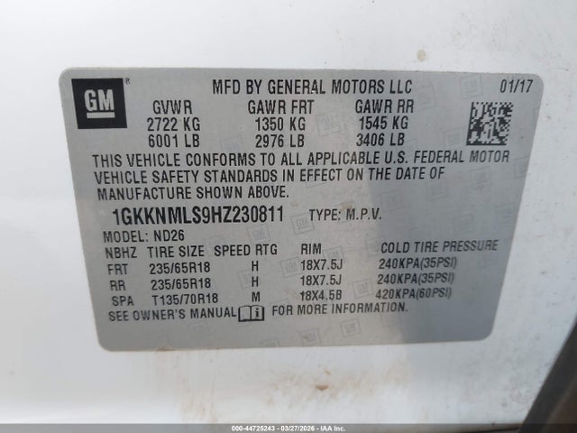 Aukcja sprzedaży 2017 Gmc Acadia Slt-1, vin: 1GKKNMLS9HZ230811, numer aukcji: 44725243
