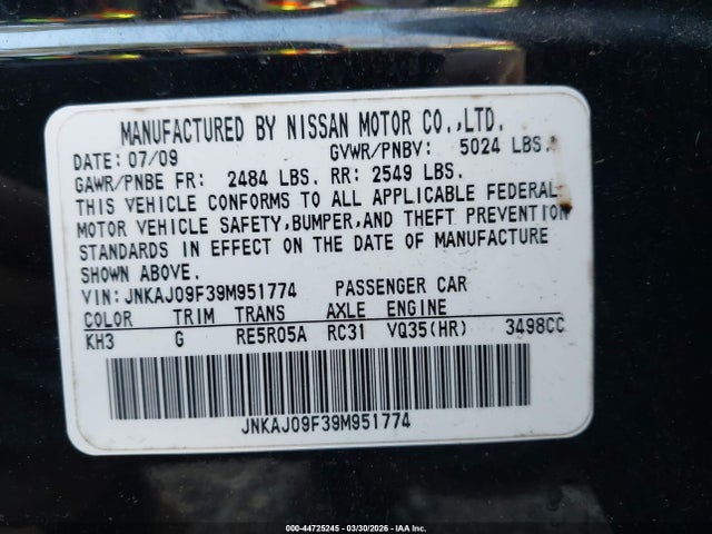 Продажа на аукционе авто 2009 Infiniti Ex35, vin: JNKAJ09F39M951774, номер лота: 44725245