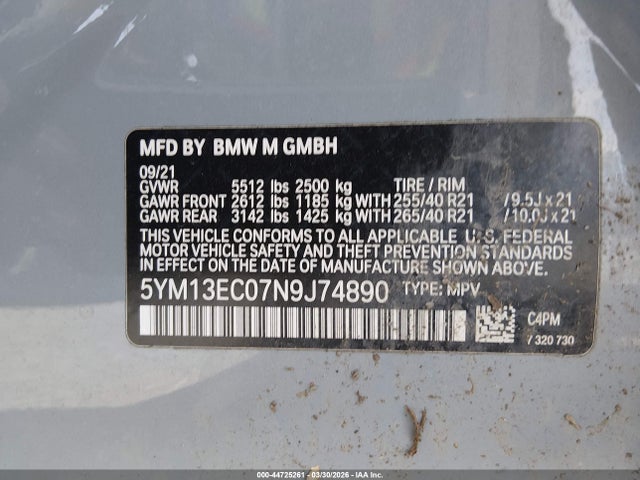 44725261 :رقم المزاد ، 5YM13EC07N9J74890 vin ، 2022 Bmw X3 M مزاد بيع