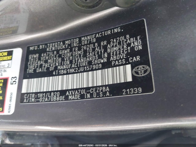 44725263 :رقم المزاد ، 4T1B61HK2JU157909 vin ، 2018 Toyota Camry Xse مزاد بيع