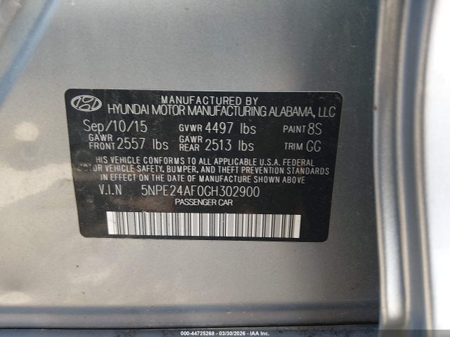 Aukcja sprzedaży 2016 Hyundai Sonata Se, vin: 5NPE24AF0GH302900, numer aukcji: 44725268