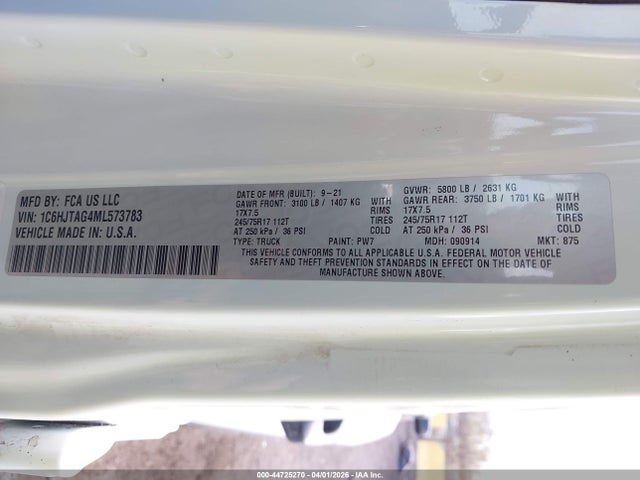 2021 Jeep Gladiator Sport S 4x4 მანქანა იყიდება აუქციონზე, vin: 1C6HJTAG4ML573783, აუქციონის ნომერი: 44725270