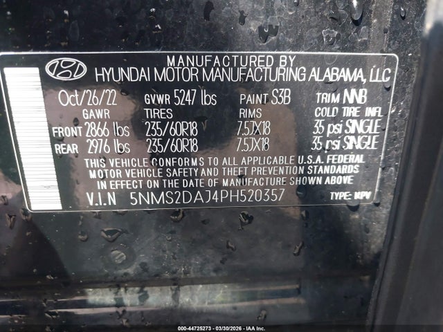 Aukcja sprzedaży 2023 Hyundai Santa Fe Sel, vin: 5NMS2DAJ4PH520357, numer aukcji: 44725273