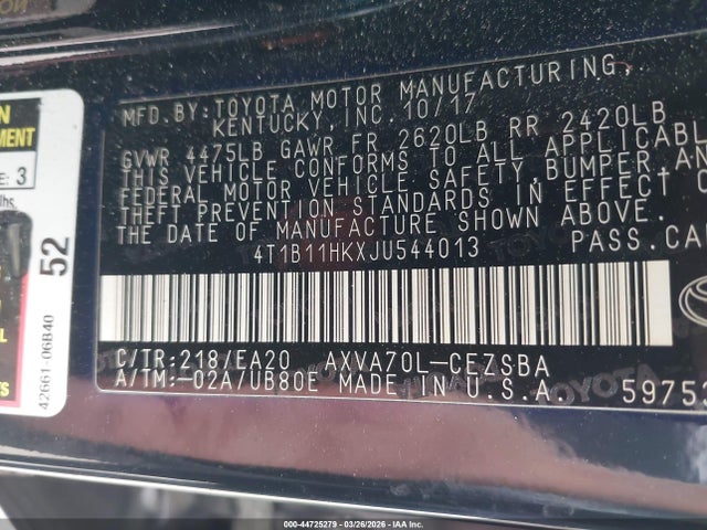 2018 TOYOTA CAMRY 4T1B11HKXJU544013 Photo 8