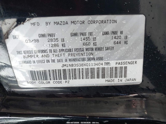 44725305 :رقم المزاد ، JM1NB3538X0113404 vin ، 1999 Mazda Mx-5 Miata Leather Pkg/popular Equipment Pkg/sports Pkg/touring Pkg مزاد بيع
