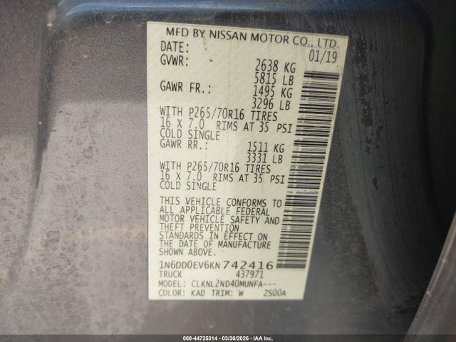 Aukcja sprzedaży 2019 Nissan Frontier Sv, vin: 1N6DD0EV6KN742416, numer aukcji: 44725314