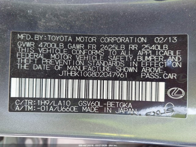 44725316 :رقم المزاد ، JTHBK1GG8D2047961 vin ، 2013 Lexus Es 350 مزاد بيع