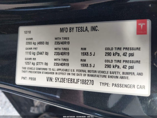 Tesla Model 3 Long Range/performance 2018 5YJ3E1EBXJF188270 Image 9