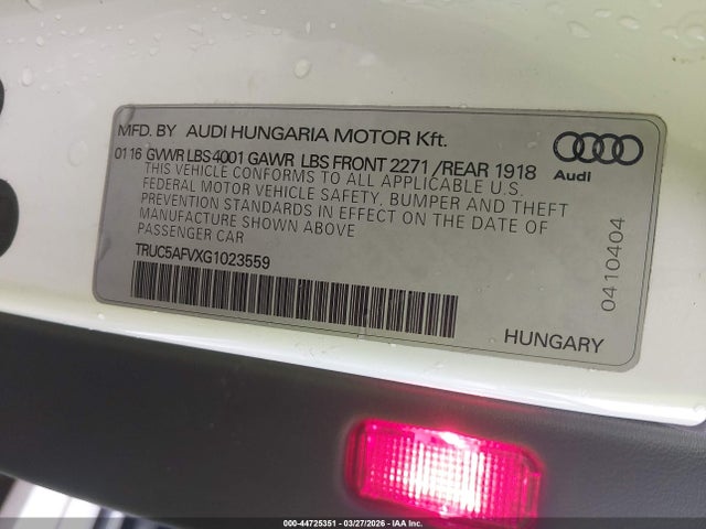 Aukcja sprzedaży 2016 Audi Tt 2.0t, vin: TRUC5AFVXG1023559, numer aukcji: 44725351