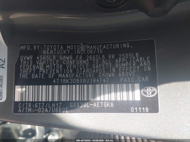 2011 Toyota Avalon მანქანა იყიდება აუქციონზე, vin: 4T1BK3DBXBU384747, აუქციონის ნომერი: 44725353