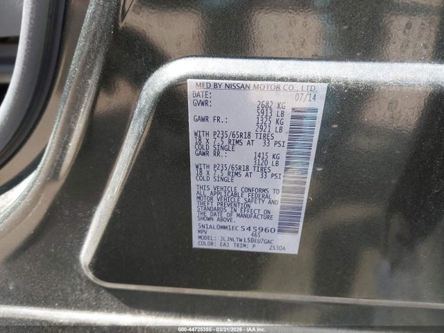 2014 Infiniti Qx60 მანქანა იყიდება აუქციონზე, vin: 5N1AL0MM1EC545960, აუქციონის ნომერი: 44725355