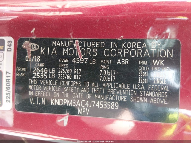 Продаж на аукціоні авто 2018 Kia Sportage Lx, vin: KNDPM3AC4J7453589, номер лоту: 44725369