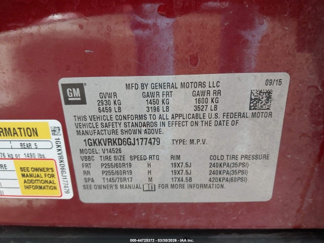 44725372 :رقم المزاد ، 1GKKVRKD6GJ177479 vin ، 2016 Gmc Acadia Slt-1 مزاد بيع
