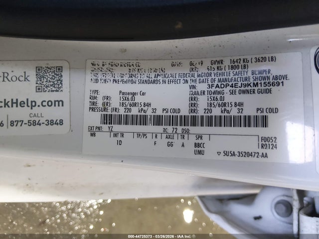 2019 Ford Fiesta Se მანქანა იყიდება აუქციონზე, vin: 3FADP4EJ9KM155691, აუქციონის ნომერი: 44725373