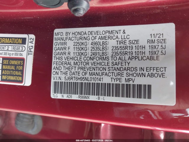 Aukcja sprzedaży 2022 Honda Cr-v Hybrid Touring, vin: 5J6RT6H95NL010141, numer aukcji: 44725403