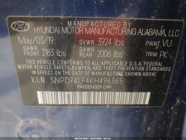 5NPD74LF4KH496365 Hyundai ELANTRA SE