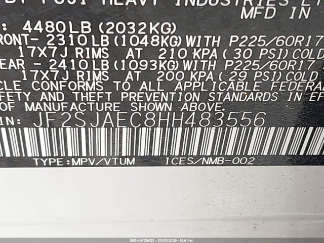 Продажа на аукционе авто 2017 Subaru Forester 2.5i Premium, vin: JF2SJAEC8HH483556, номер лота: 44725433