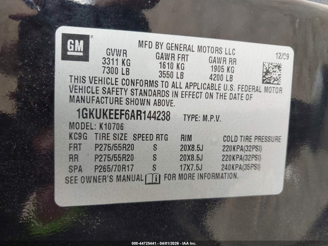 44725441 :رقم المزاد ، 1GKUKEEF6AR144238 vin ، 2010 Gmc Yukon Denali مزاد بيع