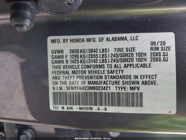 Продаж на аукціоні авто 2021 Honda Pilot Awd Special Edition, vin: 5FNYF6H23MB023421, номер лоту: 44725448