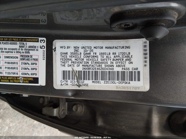 2006 Toyota Corolla S მანქანა იყიდება აუქციონზე, vin: 1NXBR32E46Z604348, აუქციონის ნომერი: 44725458
