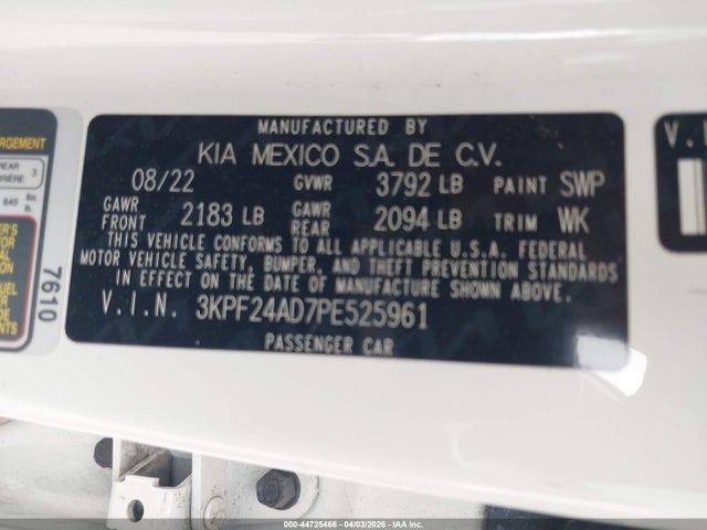 Aukcja sprzedaży 2023 Kia Forte Lxs, vin: 3KPF24AD7PE525961, numer aukcji: 44725466