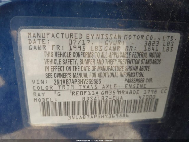 3N1AB7AP3HY369586 Nissan SENTRA S
