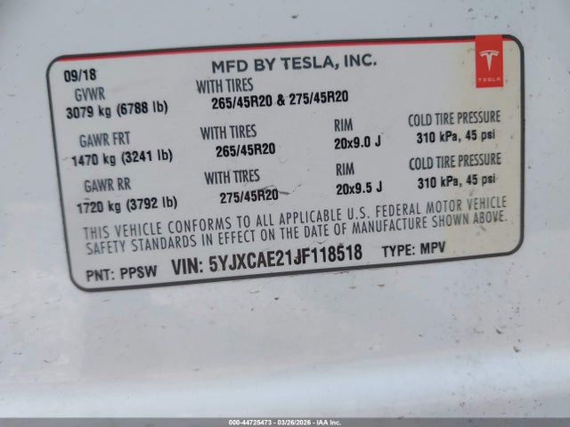 44725473 :رقم المزاد ، 5YJXCAE21JF118518 vin ، 2018 Tesla Model X 100d/75d/p100d مزاد بيع