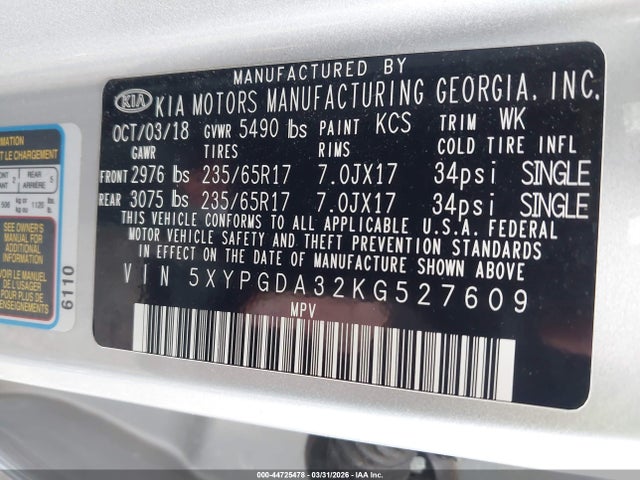 2019 Kia Sorento 2.4l Lx მანქანა იყიდება აუქციონზე, vin: 5XYPGDA32KG527609, აუქციონის ნომერი: 44725478