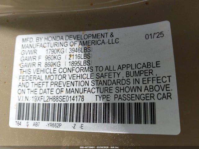 Aukcja sprzedaży 2025 Honda Civic Sedan Sport, vin: 19XFL2H88SE014178, numer aukcji: 44725491