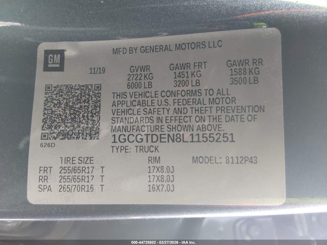 2020 Chevrolet Colorado 4wd  Short Box Z71 მანქანა იყიდება აუქციონზე, vin: 1GCGTDEN8L1155251, აუქციონის ნომერი: 44725502