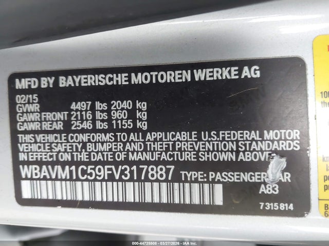 Продаж на аукціоні авто 2015 Bmw X1 Sdrive28i, vin: WBAVM1C59FV317887, номер лоту: 44725508