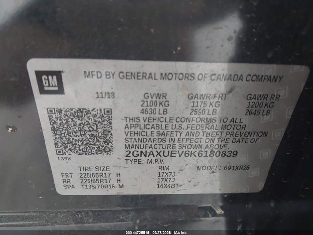 Aukcja sprzedaży 2019 Chevrolet Equinox Lt, vin: 2GNAXUEV6K6180839, numer aukcji: 44725515